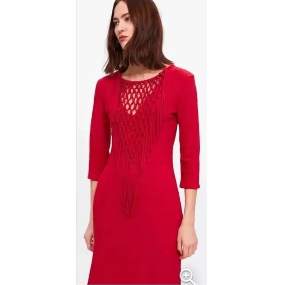 Zara Bright Red Fringe Knit Maxi Dress